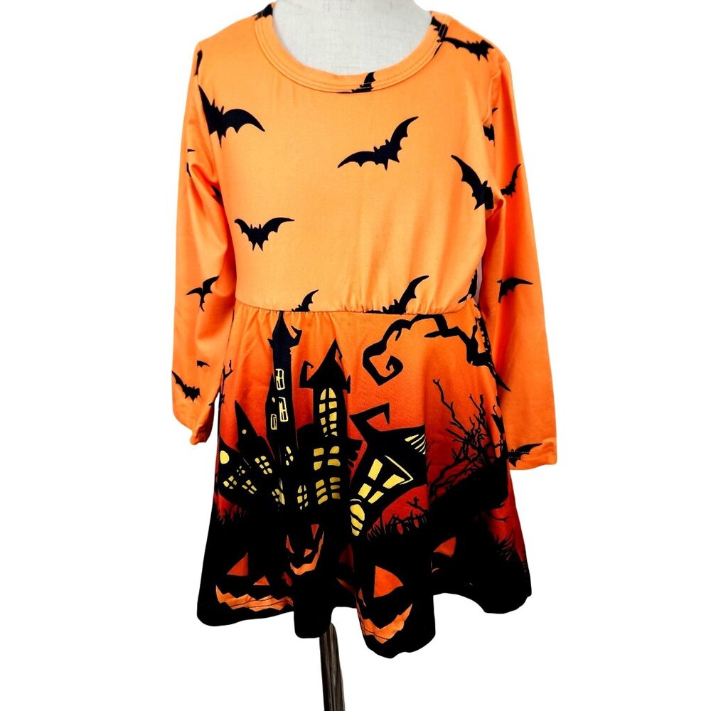 Girls Halloween Outfit Set 3T Bat Print Dress & Orange Leggings Festive
